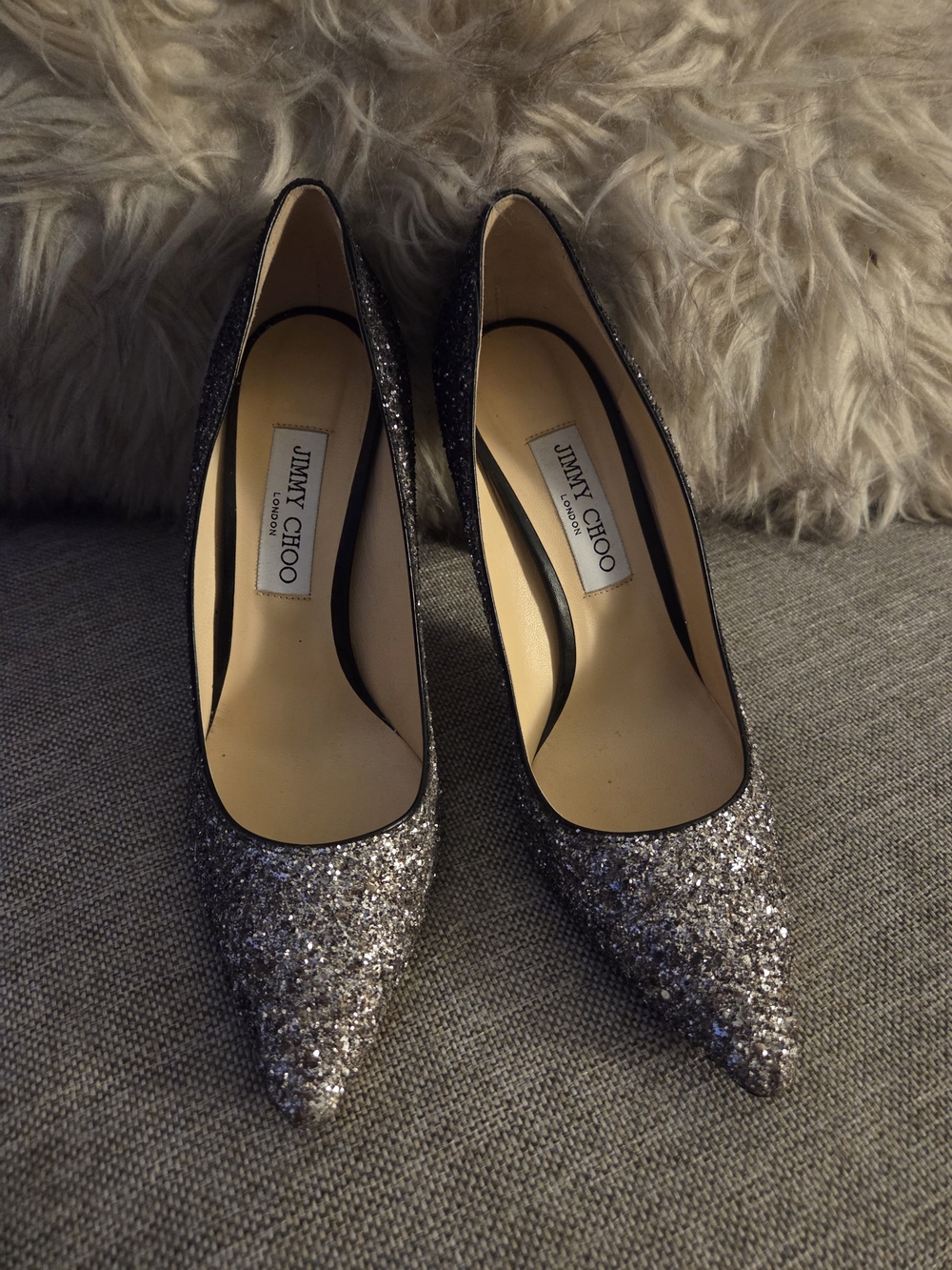 Jimmy Choo Silver Glitter Pointed-Toe Pumps